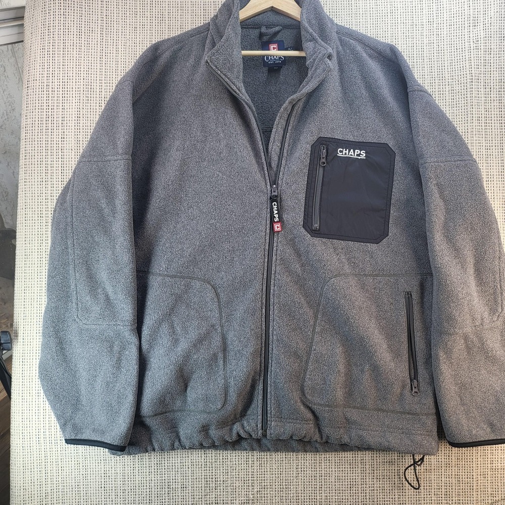 Chaps Fleece Jacket Mens XL Gray‎ Black Full Zip Nylon Chest Pocket Drawcord Hem